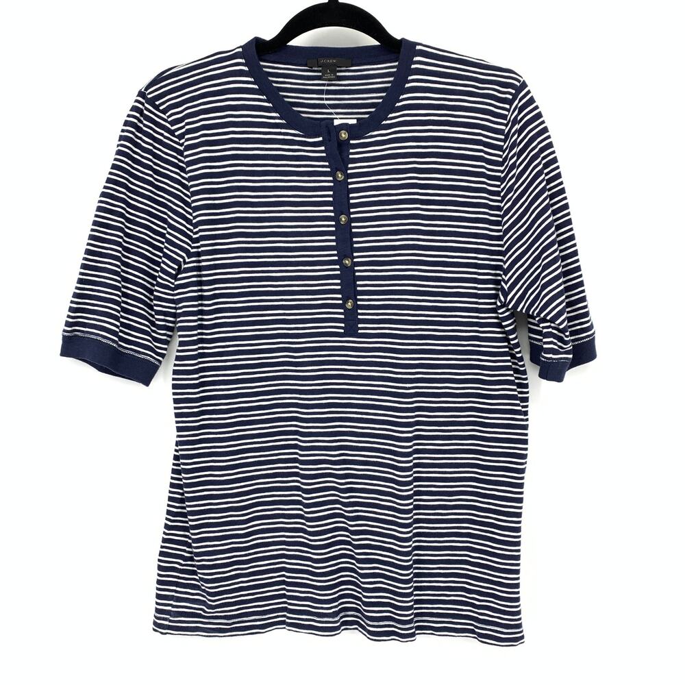 J.Crew Slub Cotton Henley T-Shirt Womens Size L Short Sleeve Navy Blue White NEW